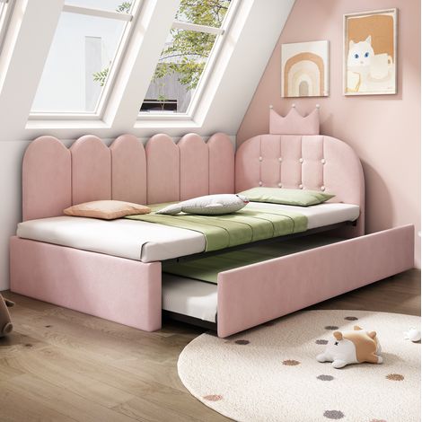 Bett Ausziehbett 90x200 mit L Form Samt Rosa HAVRYA (1/5)