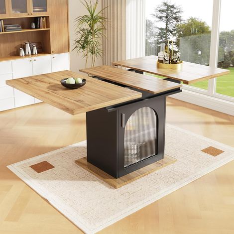 Table de salle à manger extensible avec rangement à 3 niveaux en MDF et verre 110-140 x 80 x 76 cm - Naturel et noir (1/5)