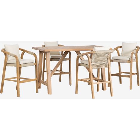 SKLUM Set aus rechteckigem Stehtisch (160x90 cm) und 4 Barhockern aus Akazienholz Dubai Gardenia Weiß Rustikales Akazienbraun