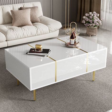 Couchtisch aus MDF in Weiß Hochglanz 100 cm mit 2 Schubladen