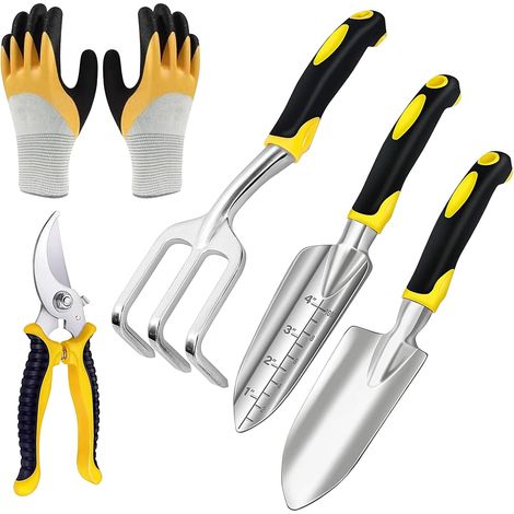 Lot de 5 outils de jardin en fonte d'aluminium - Kit d'outils de jardinage avec truelle, râteau pour la plantation de jardin (1/5)