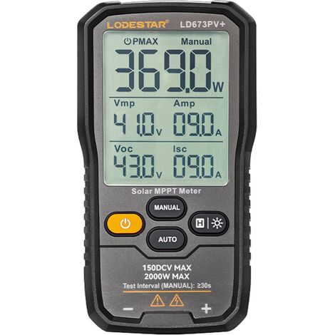Testeur de puissance maximale pour panneaux solaires 2000 W avec mesure MPPT, test Pmax Voc Isc, écran rétroéclairé 3,2", cordons de test MC4 (1/5)