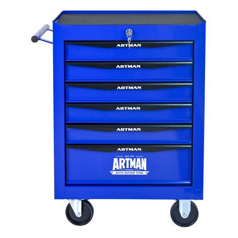 Catalogue d’articles métalliques : armoire à outils à 6 niveaux avec tiroirs coulissants sur roulements à billes, caisson de rangement en acier pour outils – noir et bleu (1/5)