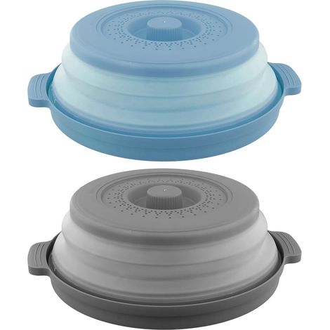 2 Pièces Couvercle pour Micro Onde avec Plateau Cloche pour Micro Onde avec Trous de Vapeur Couvercle Micro Ondes Pliable Passoire Cuisine pour Fruits et Légume 27cm, Gris+Bleu (1/5)