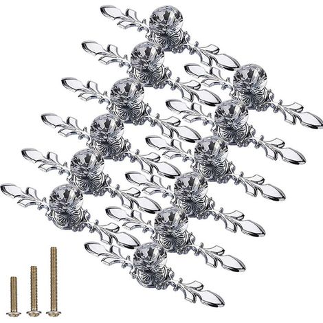 Poignées décoratives en cristal clair taillé en diamant - pour tiroirs, coiffeuses, etc. - Lot de 12, argentées, 12 cm de long (1/5)