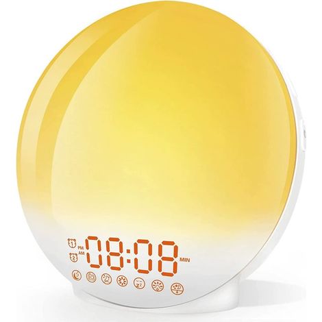 LED-Radiowecker mit Licht, Nachttischlampe, 20 Helligkeitsstufen, Sonnenaufgangs- und Sonnenuntergangssimulator, 2 Weckzeiten, 7 Naturgeräuschen, Schlummerfunktion und Nachtlicht für Kinder (1/5)