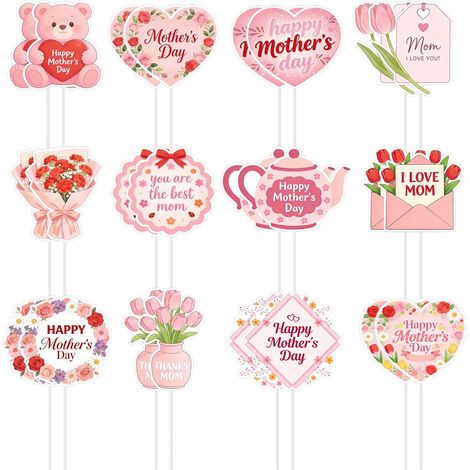 Ensemble de 24 décorations pour cupcakes « Bonne fête des mères » : pics à cupcakes décorés de cœurs, de bouquets et d’oursons, en carton de qualité supérieure (non comestibles) (1/5)