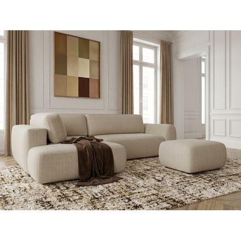 BOBOCHIC - Canapé angle L convertible coffre DENISE tissu texturé avec pouf Angle gauche Beige (1/5)