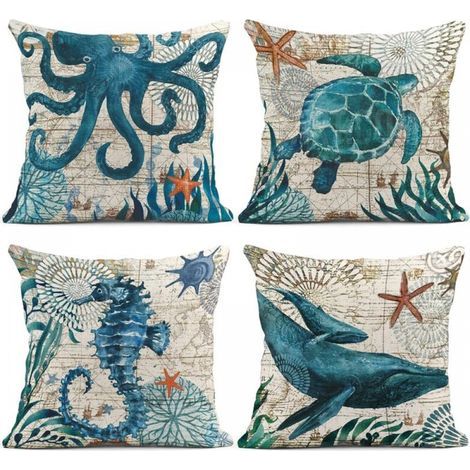 18 x 18 inch Set of 4 Nautical Blue Ocean Theme Cushion Covers - Octopus, Seahorse, Turtle, Whale - Mediterranean Style - Decorative Pillowcases - Home Decor - Square Pillowcases (1/5)