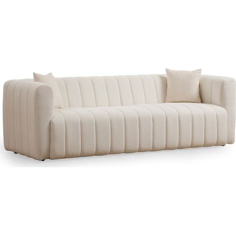 Canapé capitonné 3 places en tissu teddy beige - Cala