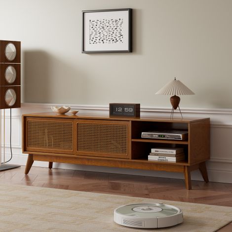 Mobile porta TV in rattan stile Mid-Century Modern da 59 pollici per TV da 65 pollici, mobile per intrattenimento, console multimediale per soggiorno/sala multimediale, piedini in legno massello e ant (1/5)