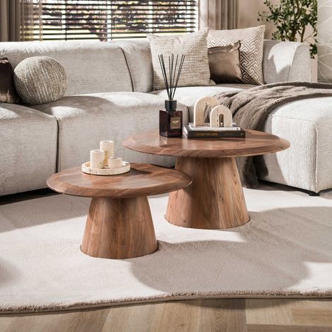 Lot de 2 tables basses rondes 60 et 80 cm en acacia massif naturel (1/5)