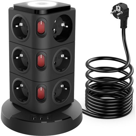 Multiprise avec Interrupteur, 16 en 1 Bloc Prise Multiprise avec Dispositif de Protection Contre la Foudre Intégré et Interface de Charge Rapide USB C Intelligente Veilleuses Rallonge 3M Câble (1/5)