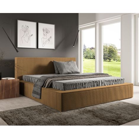 Sofello Polsterbett nach Maß FILO Senffarbe 200x200 aus Kordstoff mit Holz-Lattenrost Modernes Design in trendigen Farben, ohne Stauraum (1/5)