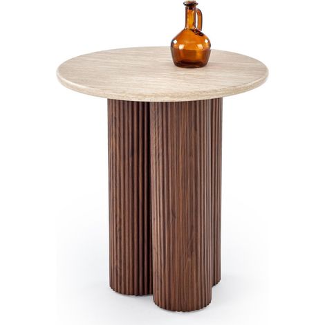 Table d'appoint aspect noyer et travertin avec plateau rond 50 cm ZACK (1/5)