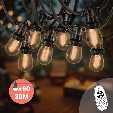 Guirlande Guinguette 30M 60 Bulbes Filament Ambré avec Variateur de Luminosité et Télécommande - Guirlande Lumineuse Ampoule E27 Transparente à Intensité Variable - Guirlande Guinguette Led (1/5)