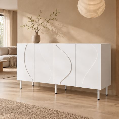 Credenza 140 x 40 x 77,5 cm con 4 ante, apertura push-to-open, bianco OKMYHOME (1/5)