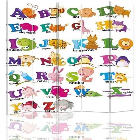 Paravent Alphabet Zoo pour Enfants - Déco Ludique - 180 x 180 cm - 1 face déco, 1 face noir