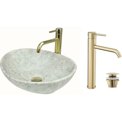 GTM Design Aufsatzwaschbecken 41 cm Matt Set mit Waschtischbatterie und Stopfen - Aufsatzwaschbecken Oval für Badezimmer - Modernes Waschbecken ohne Hahnloch - Waschbecken mit Armature (1/5)