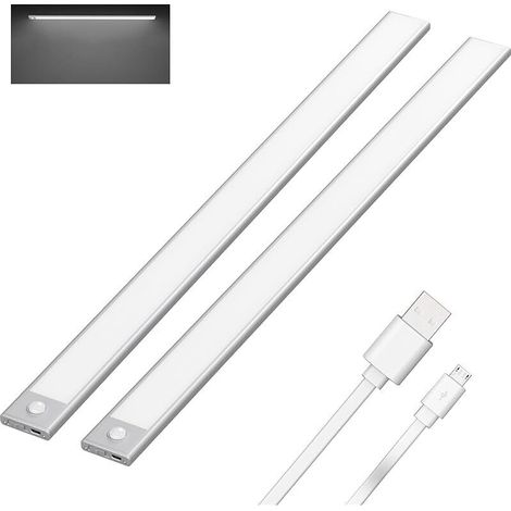 2 Pcs 60cm Lampe de Placard Fil, Lampe Cuisine sous Meuble avec Detecteur Mouvement, 3 Modes, Reglette LED Magnétique Rechargeable USB, 3200mAh, 113 LEDs, Blanc froid 6000K, Argent (1/5)