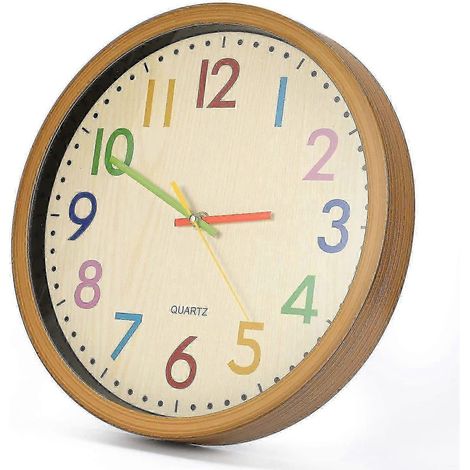 Horloge murale pour enfants, 30 cm (12 pouces), mouvement silencieux, chiffres colorés, sans tic-tac, facile à lire, décoration et accessoires pour la maison. (1/4)