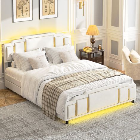 Letto imbottito 140 x 200 cm in velluto beige con profili dorati DESVIAE (1/5)