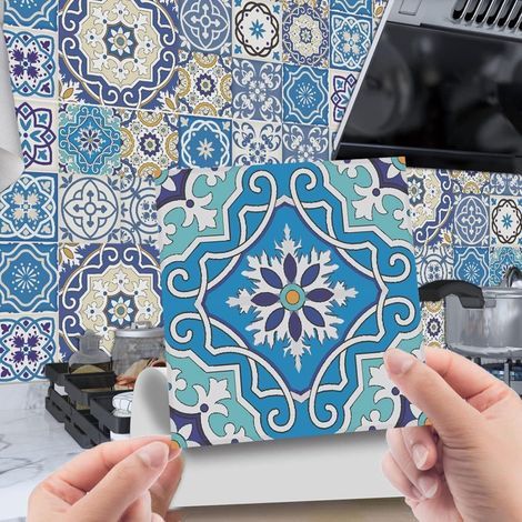 Autocollants imprimés bleus, carreaux de sol 3D auto-adhésifs, carreaux muraux de cuisine, décoration artistique for la maison, DIY bricolage (Color : Blu, Size : 24pcs/15x15cm) (1/5)