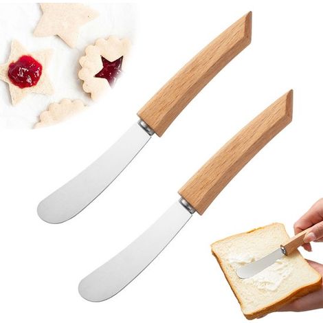 Lot de 2 couteaux à beurre à manche en bois, couteaux à tartiner, couteau à confiture, petit couteau à beurre, acier inoxydable, 15,5 cm, pour beurre, confiture et fromage, couleur argent. (1/5)
