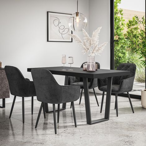 Aria Dining Table And Chairs -  Black Table Top w Black Legs + Anika Velvet Dining Chair Set Of 6 (Black) (1/5)