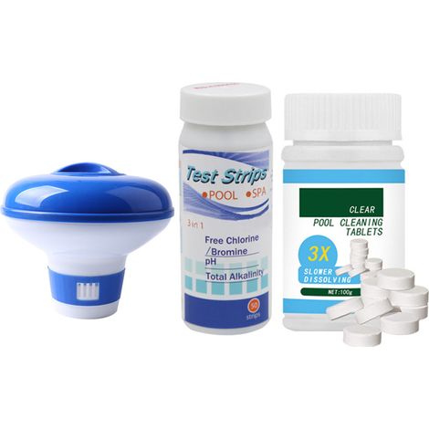 Lot de comprimés effervescents pour piscine, nettoyants avec distributeur flottant et bandelettes de test pH.