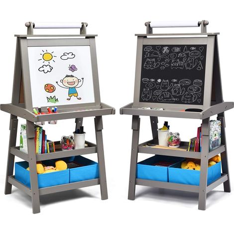 COSTWAY 3 in 1 Cavalletto per Bambini con Doppia Faccia, Cavalletto per Disegno con 2 Vassoi e 2 Scatole, Lavagna Bambini in Legno (Grigio)