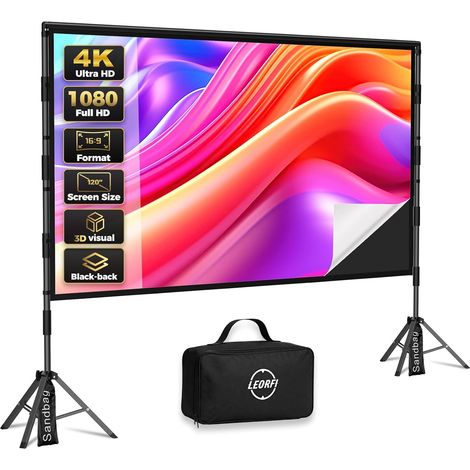 Écran de Projection avec Support 120 Pouces Écran de Projection Portable Intérieur Extérieur avec Dos Noir, 16:9 4K HD, Anti-Plis, Sac de Transport pour Jardin (1/5)