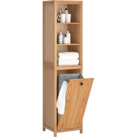 SoBuy BZR95-N Hochschrank Badezimmer Schrank Badschrank schmal mit Wäschesack Wäscheschrank Badregal Badezimmerschrank Badezimmermöbel Natur BHT ca. 40x172x35cm (1/5)