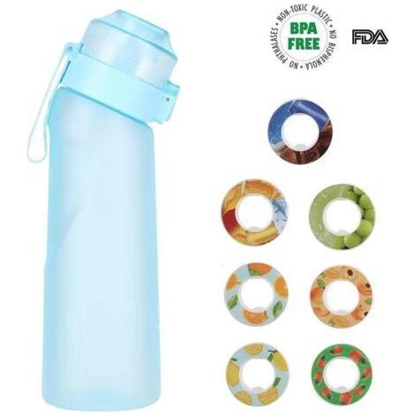 Bouteille d'arôme d'air 650ML, 7 saveurs différentes, bouteille de sport parfumée, sans BPA, 0 sucre, avec paille et brosse de nettoyage (bleu) (1/5)