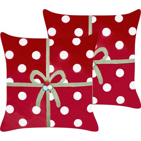 Conjunto de 2 cojines de tela de terciopelo con motivo de regalo de Navidad rojo 45 x 45 cm Gumdrop