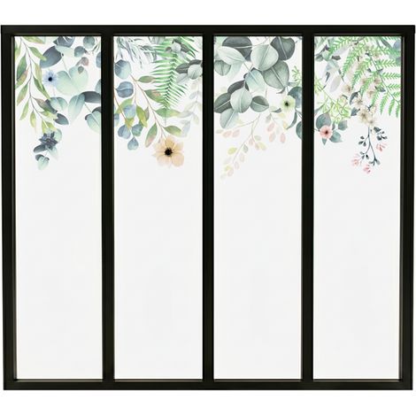 Verrière atelier intérieure aluminium noir 4 vitrages 135 x 117 cm - Décor végétal - Flowers in Rain - vert et transparent - Verre trempé (1/5)