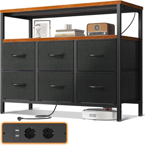 Kommode mit 6 Stoffschubladen, 2 Steckdosen & 2 USB, Vintage-Stil (1/5)