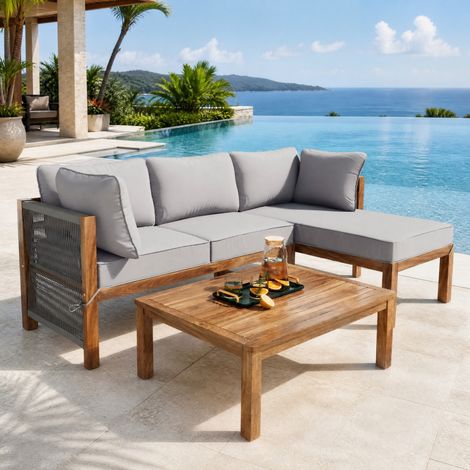 Salon de jardin 3 pièces en bois, 2 canapés 2 places et table basse, assises confortables avec coussins déhoussables, pour terrasse et balcon  CHICFURN (1/5)