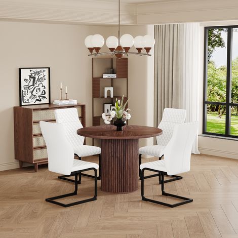 Ensemble table ronde 100 cm en MDF noyer + 4 chaises blanches motif losange, pieds cylindriques, fermeture Velcro – salle à manger (1/4)