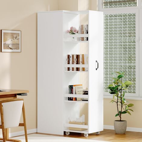 MODFU – Libreria stretta 40x30x160,5 cm in MDF con ruote, scatole di protezione e vano per libri A4 per ufficio o bagno – Bianco (1/5)
