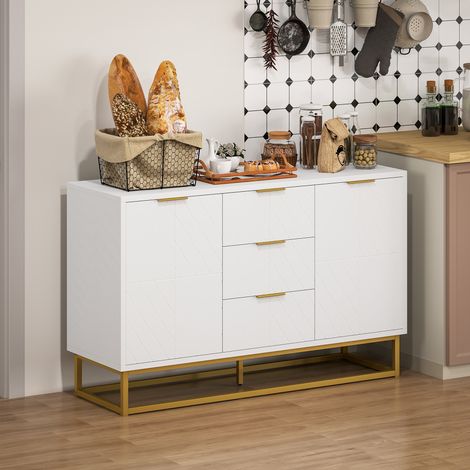 Buffet, Küchenschrank, modernes Grafikdesign, 2 Schranktüren, verstellbare Einlegeböden, 3 Schubladen, weißes Holz und goldfarbenes Metall, 120 x 40 x 76 cm