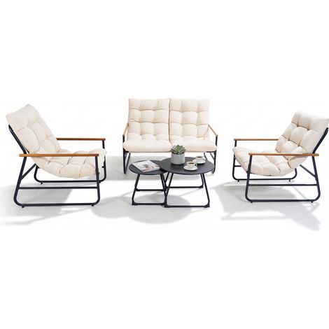 NATURAL EXPRESSIONS 5-teiliges Gartenmöbel Set, Outdoor Lounge Set für Balkon & Terrasse, 2-Sitzer Sofa, 2 Sessel & 2 Couchtische, Olefin-Gewebe, 16 cm Polster, abnehmbar, Aluminiumrahmen, Beige (1/4)