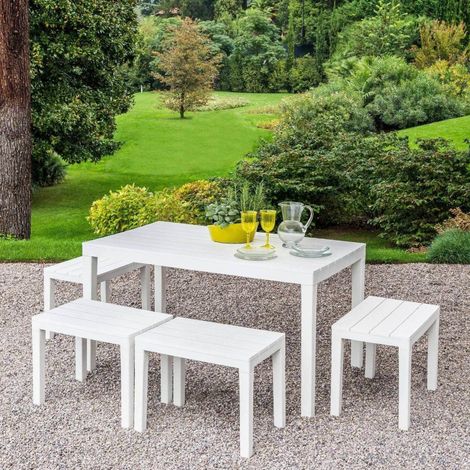 Dmora Outdoor-Lounge-Set Sanremo, Gartenset mit 1 rechteckigem Tisch und 4 Bänken, Indoor- und Outdoor-Set für Pic Nic, 100 % Made in Italy, Weiß (1/4)