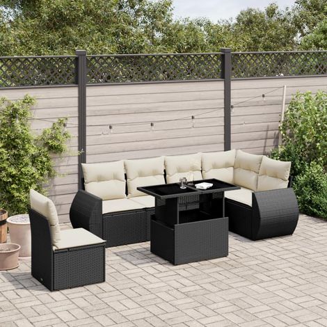 Salon de jardin 7 pièces en résine tressée noire avec table relevable et coussins - PANGIVO (1/5)
