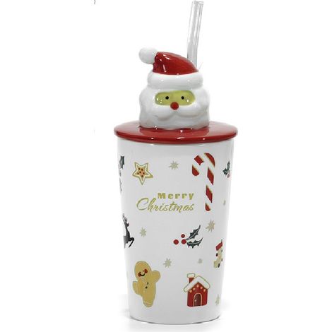 Tazzone Americano con Cannuccia e Tappo  Babbo Natale Rosso tazza 40 cl Idea Regalo di Natale decori natalizi (1/4)