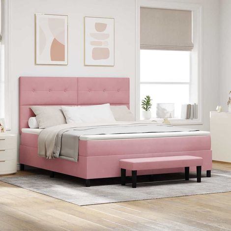 Lit à ressorts avec tête de lit en velours rose, matelas et banc 180 x 200 cm - PANGIVO (1/5)