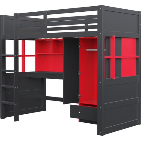 Letto a soppalco 90 x 200 cm con scala, scrivania, armadio e cassetti, nero e rosso (1/5)