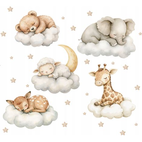 Adesivi murali con animali su nuvole e stelle per la cameretta dei bambini, 85x60 cm. (1/5)