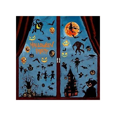 SZTXJ Halloween Fensteraufkleber Gruseliges Gel Schwarz 9 Blatt Große Dekorationen Aufkleber Abziehbilder Doppelseitig Geist Skelett Witwe Wiederverwendbar für