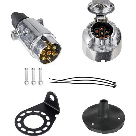 Kit de Prise Remorque en Métal 7 Broches Mâle et Femelle, avec Joint en Caoutchouc et Support de Montage en Métal, Selon ISO 1724, 12V Étanche Connecteur Prise Remorque, pour Caravane RV (1/5)
